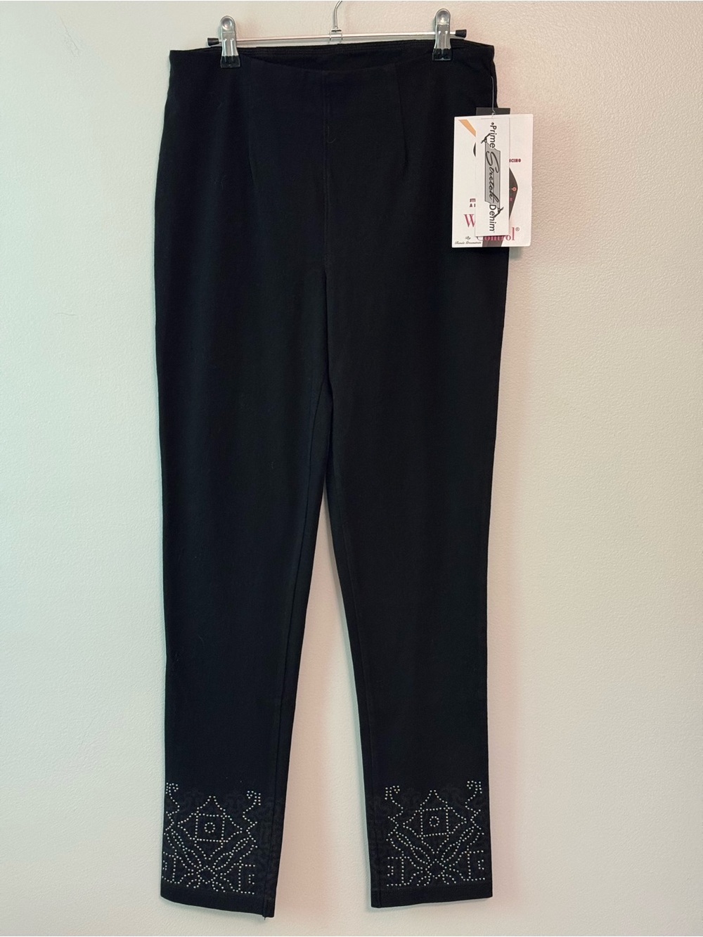 Women with Control Black Skinny Pull-On Pants with Hem Stud Detail